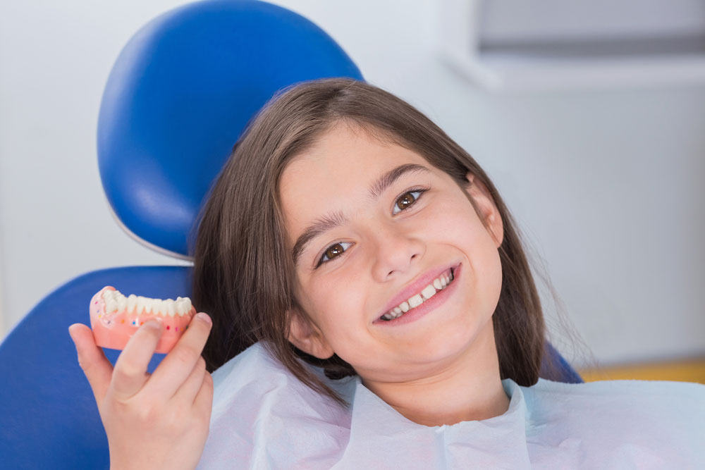 Portrait of a smiling young patient showing model in dental clinic